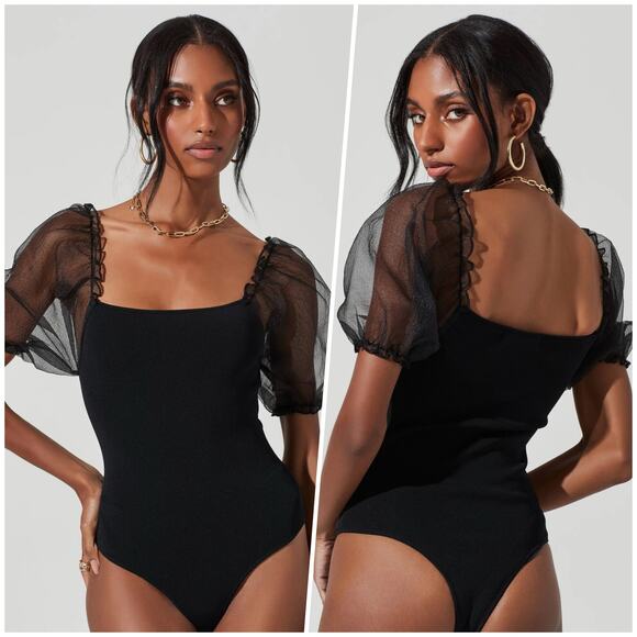 ASTR The Label | Women | Darling Solid Black Sheer Puff Sleeve Bodysuit | Medium - Picture 12 of 13